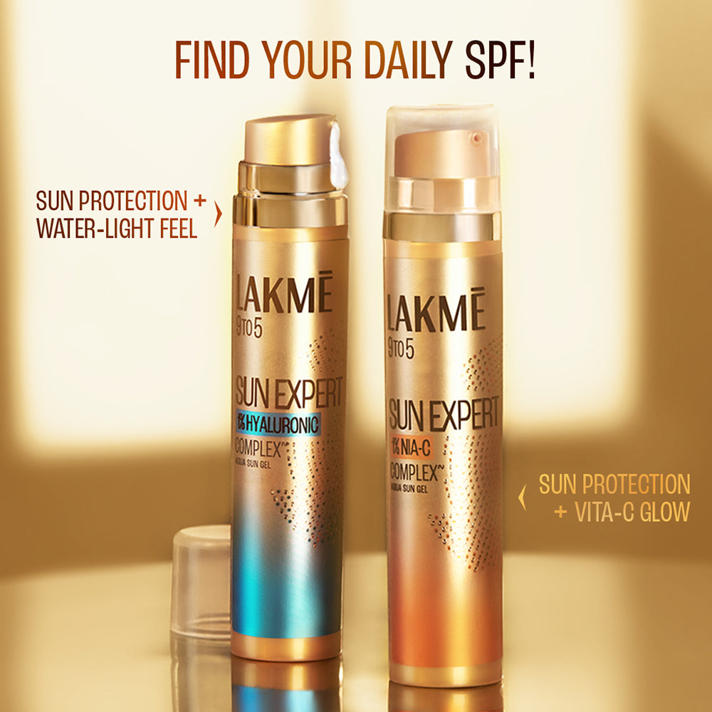 Combines Sun Lakmē Sun Expert 1% Hyaluronic Sunscreen, SPF 50 PA+++ for UVA/B, No w ...