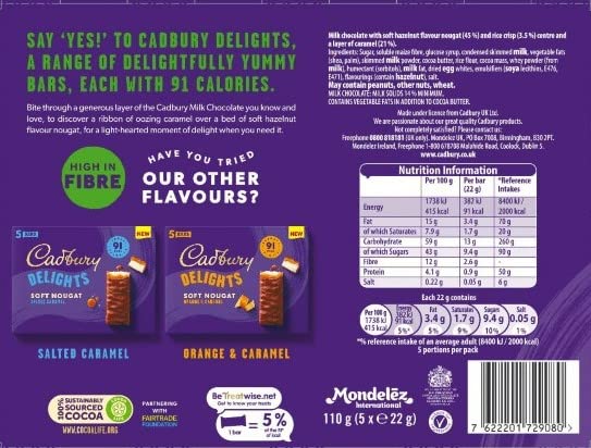 Fetch Delights Cadbury Delights Soft Nougat Hazelnut & Caramel Flavour (5 Bars) 110g ...
