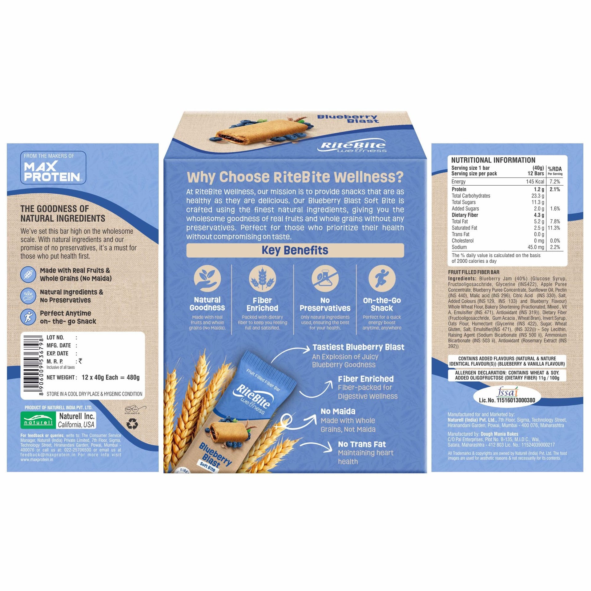 RiteBite Wellness Snack Bar Blueberry Blast | Fruit Filled Fiber Bar ...