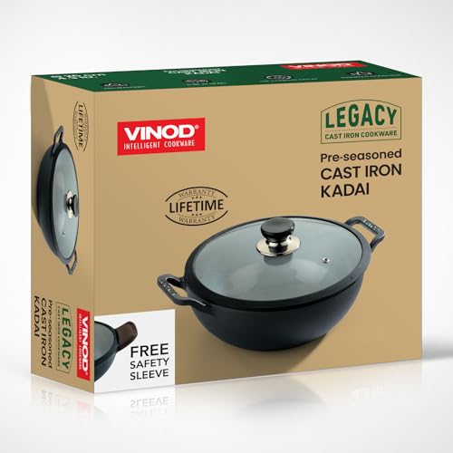 Pre-Seasoned Cast Iron Kadai/Wok 9 Inch, 1.5 L Capacity, Black