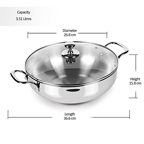 Stainless Steel Heavy Base Flat Bottom Kadai (1600 ml) With lid for Kitchen  Deep Frying Cooking