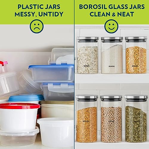 Borosil Classic Air-Tight Storage Container For Kitchen, Glass Jar Set Of 4  (600 mL Each)